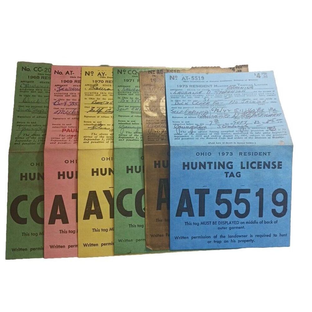 VTG 1968–73 Ohio Resident Hunting & Trapping License Tags – Lot‎ of 6 Ephemera